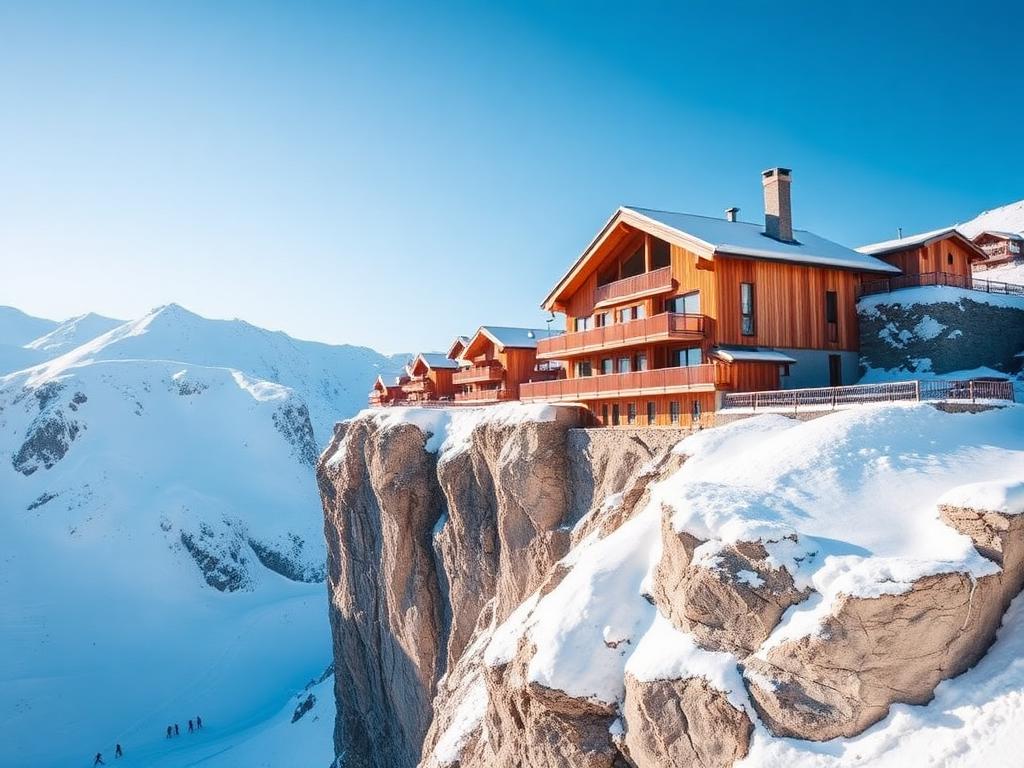 Avoriaz cliff-top architecture in winter