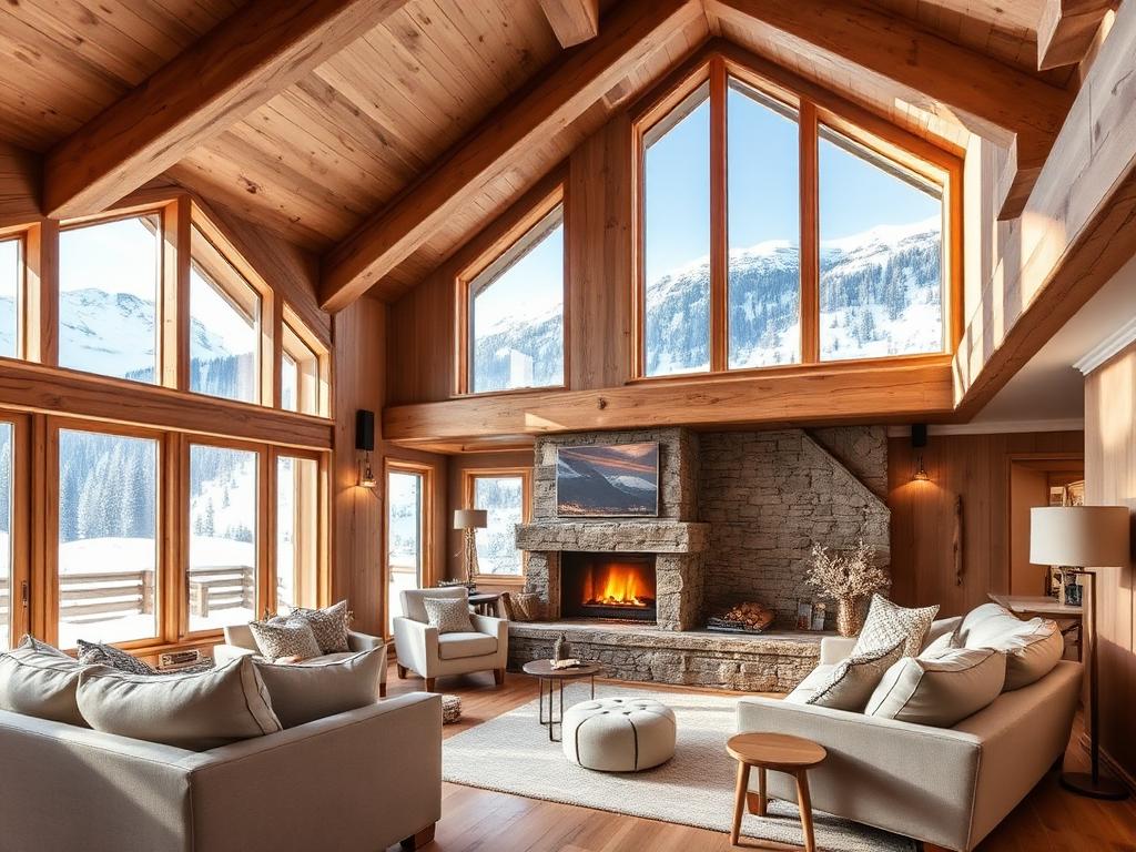 Luxury alpine chalet interior with oak beams and mountain views