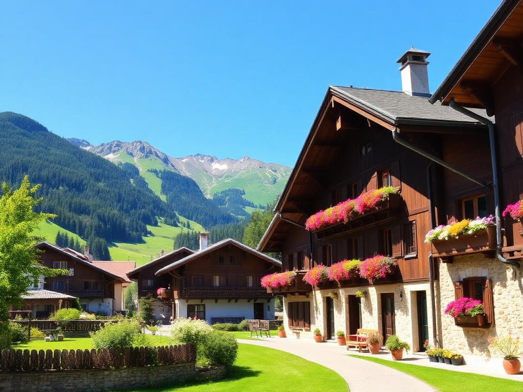 Traditional savoyard chalets with flower boxes in Les Gets in summer