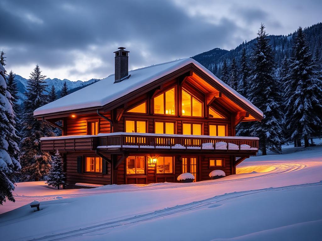 Snow-covered chalet at twilight in Saint Jean d'Aulps